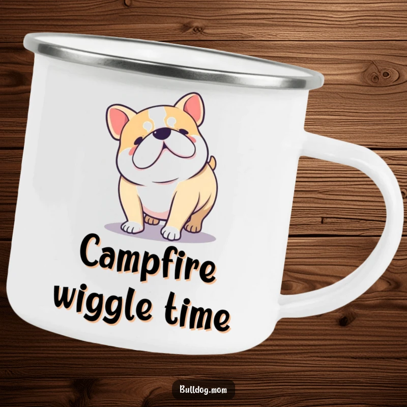 Funny Kawaii Bulldog doing a joyful wiggle with stubby legs, a sturdy and humorous camping mug.