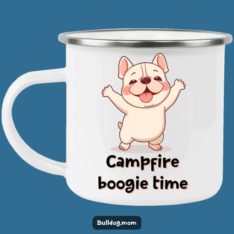Funny Kawaii Bulldog Camping Mug: Clumsy Happy Dance, Comedic Adventure