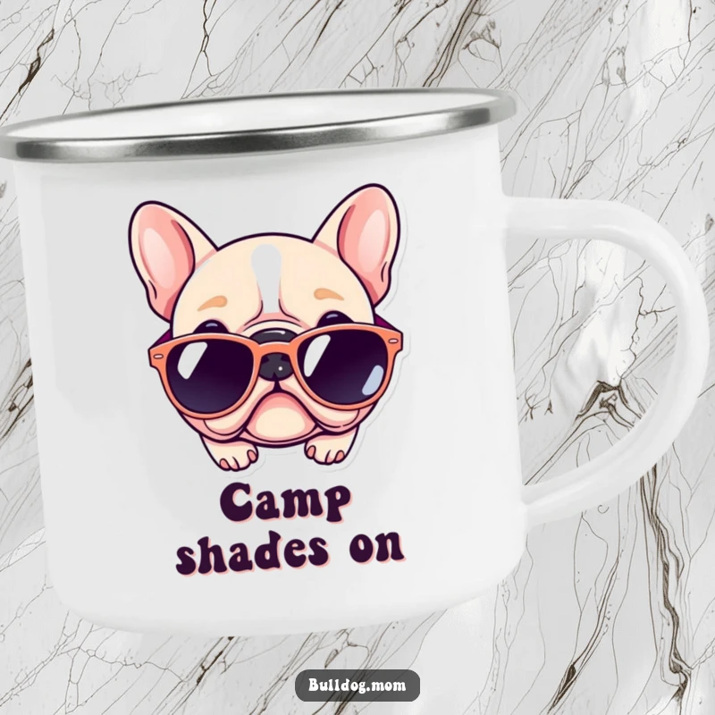 Funny Kawaii Bulldog Camping Mug: Durable enamel mug with a cute dog wearing oversized sunglasses, ideal funny outdoor gift.