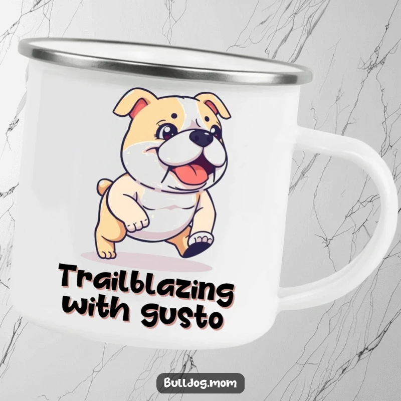 Funny kawaii Bulldog camping mug with a determined, energetic stride, ideal for outdoor humor and a funny gift. Durable and amusing drinkware.