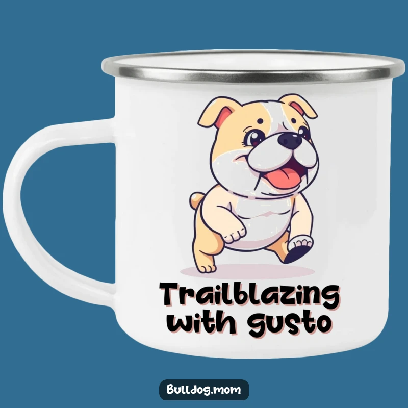 Funny Kawaii Bulldog Camping Mug: Determined Stride for Trail Humor