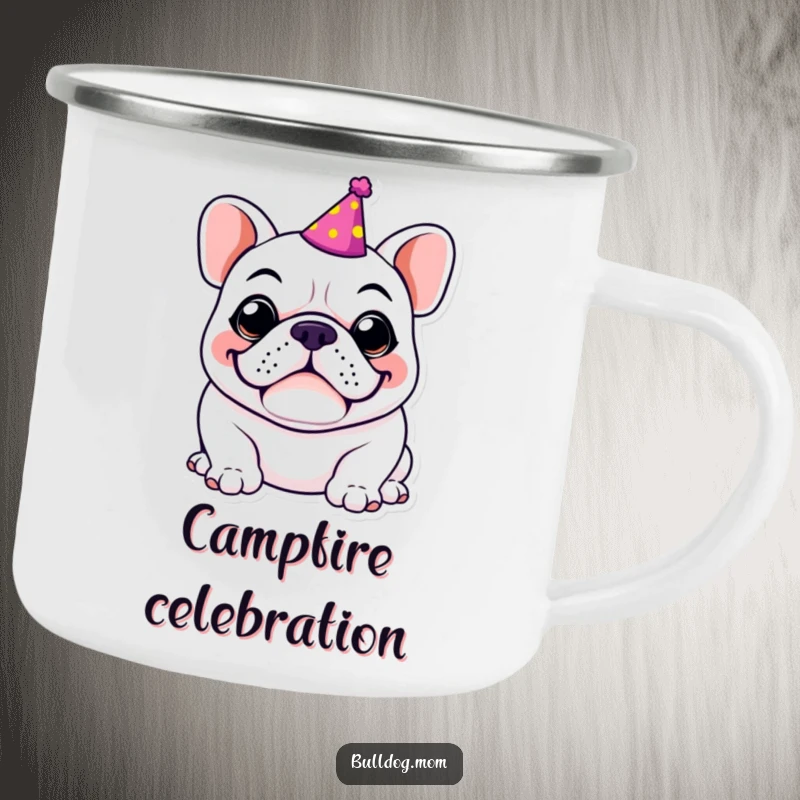 Funny Kawaii Bulldog camping mug, enamel finish, adorned with a party hat and a huge goofy grin, designed for outdoor celebrations and humor.