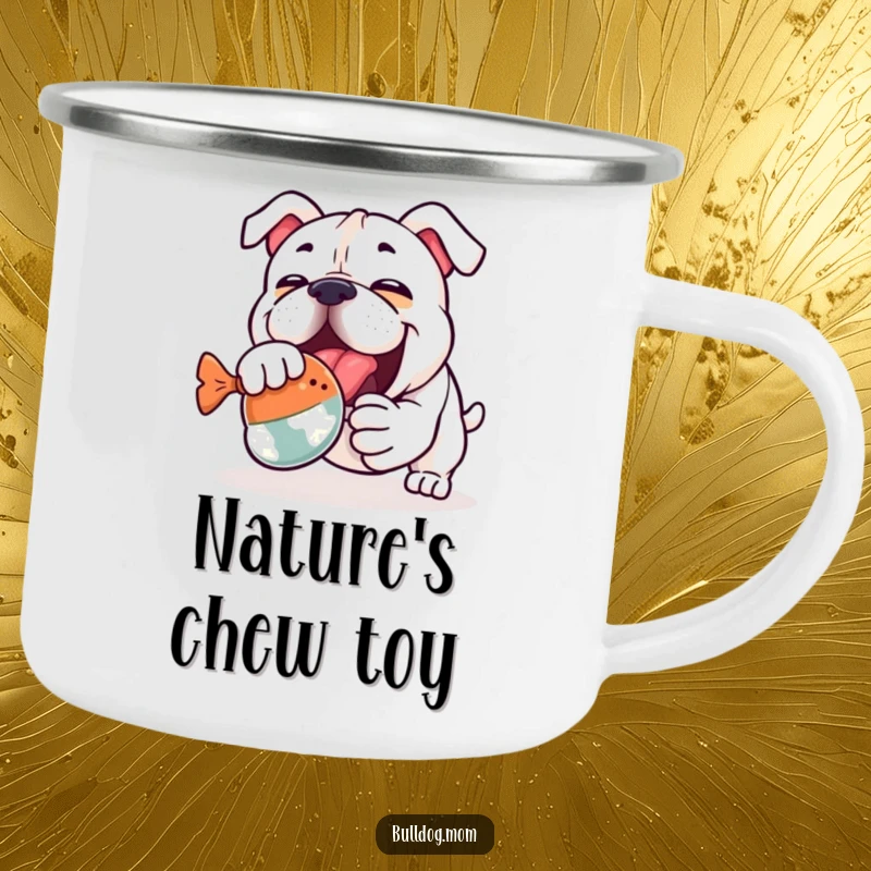 Funny Kawaii Bulldog Camping Mug: A cute bulldog enthusiastically wrestling a squeaky toy, ready for outdoor adventures and warm beverages.