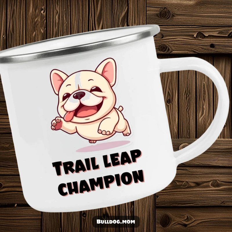 Funny Kawaii Bulldog Camping Mug: A cute bulldog mid-clumsy leap, ready for outdoor adventures and warm beverages.
