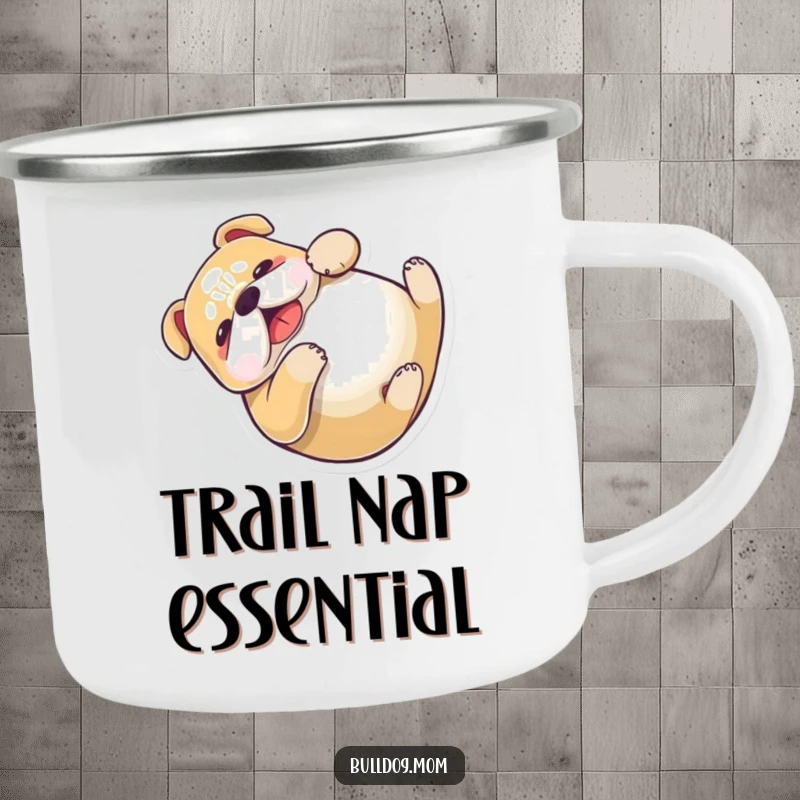Funny Kawaii Bulldog Camping Mug showing a happy dog rolling, perfect for outdoor adventures and adding humor to camping trips.