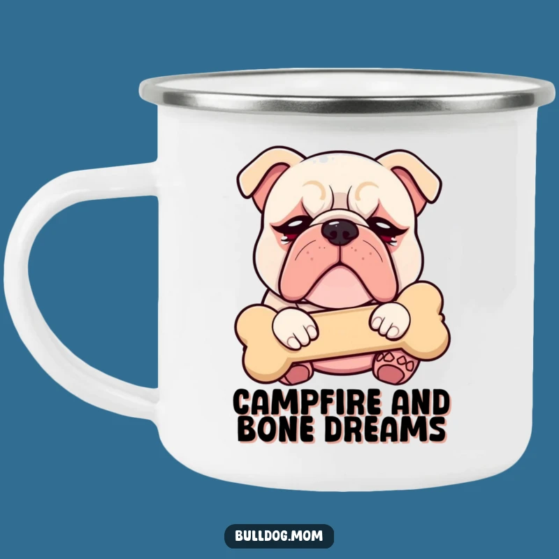 Funny Kawaii Bulldog Droopy Eyes Camping Mug - Puppy Cuddling Bone Adventure