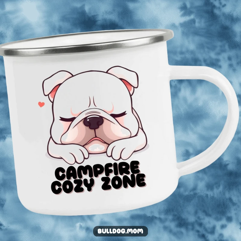 Funny Kawaii bulldog camping mug featuring a content dog sighing as it settles down for a nap, perfect for relaxing campers.