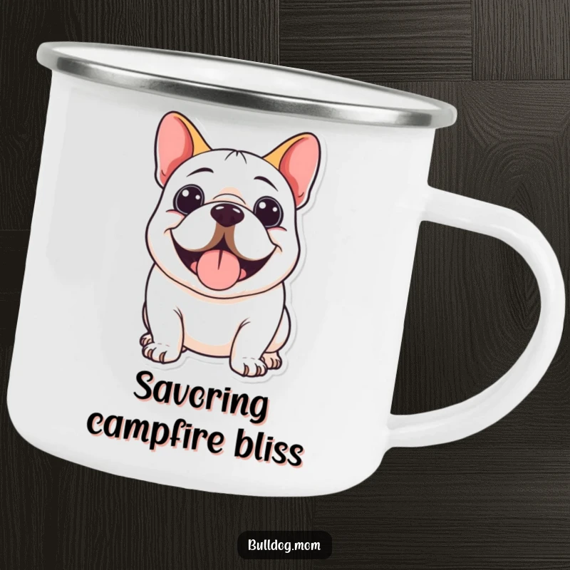 Funny Kawaii Bulldog Camping Mug showing a cute bulldog panting happily with a broad, infectious smile.