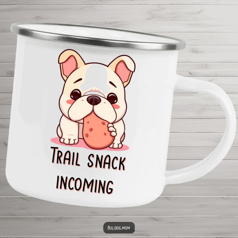 Funny Kawaii Bulldog Camping Mug showing a dog nudging a treat, perfect for outdoor enthusiasts who love humor and snacks.