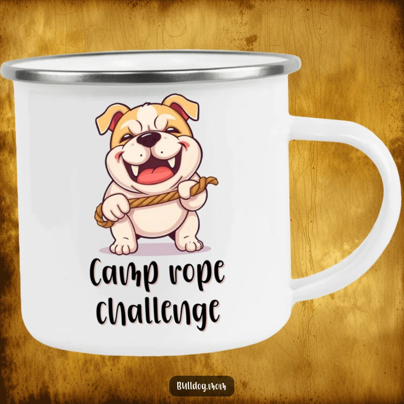 Funny Kawaii Bulldog camping mug with a happy grunt, playing tug-of-war with a rope, for adventurous and playful sipping.