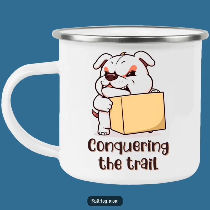 Funny Moving Bulldog Camping Mug: Durable mug with a determined pup pushing a box, ideal for movers, a funny gift.