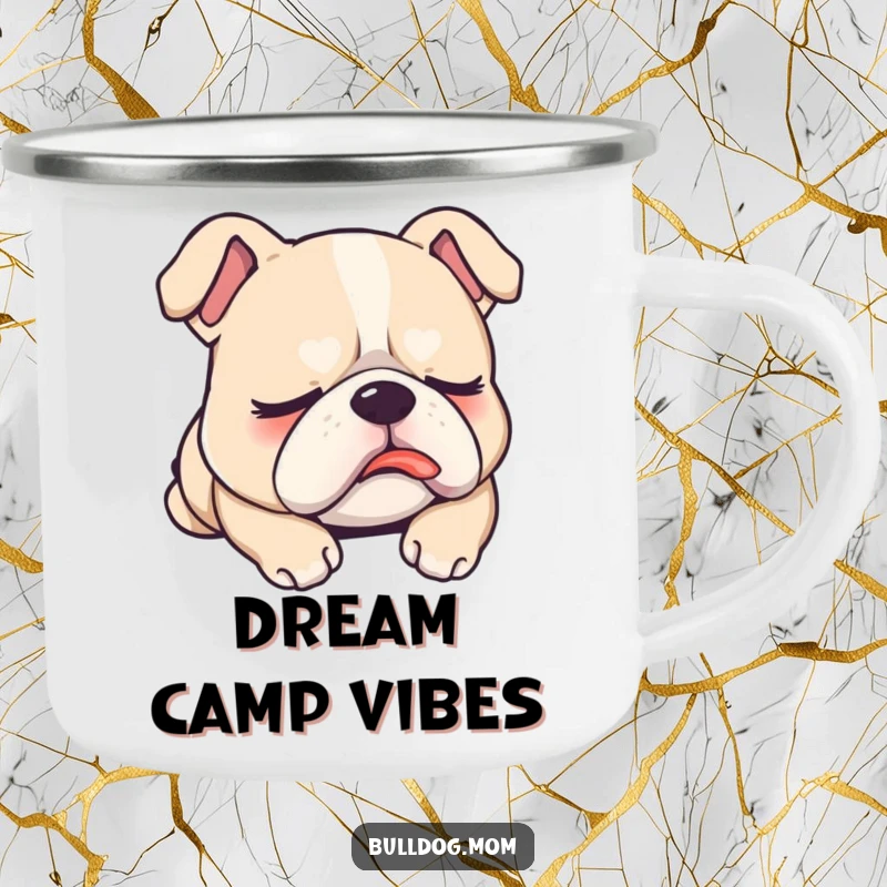 Funny Camping Mug showing a sleepy Kawaii bulldog with tongue out, dreaming, ideal for outdoor trips and adding humor to any campsite.