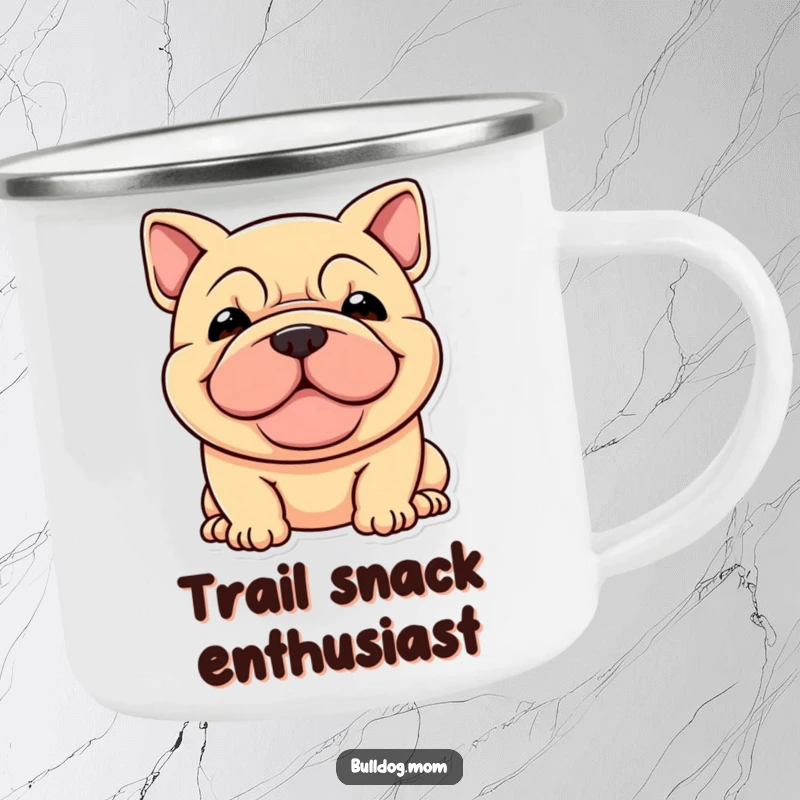 Funny camping mug featuring a stocky dog with a joyful, wrinkled face, perfect for outdoor enthusiasts.