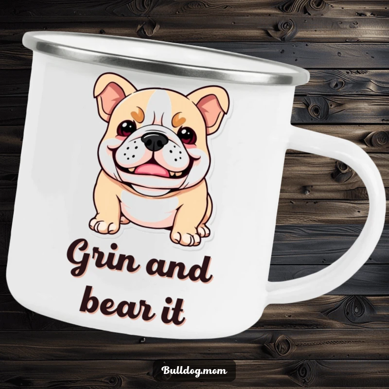 Funny Kawaii Bulldog camping mug showing a dog with a playful snarl that looks like a happy smile, perfect for outdoor drinks.