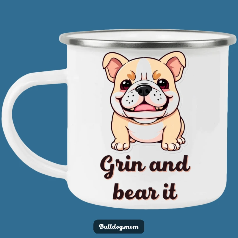 Funny Kawaii Bulldog Camping Mug: Playful Snarl Smile, Comedic Adventure