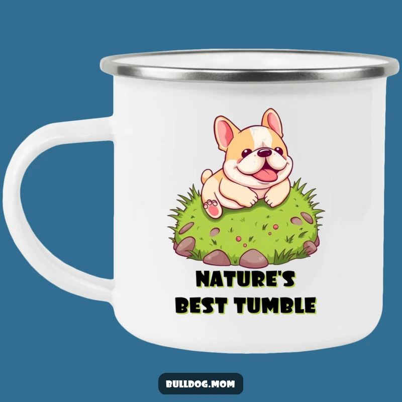 Funny Kawaii Bulldog Camping Mug: Durable mug with a pup hilariously rolling down a hill, ideal for outdoor adventures, a funny gift.