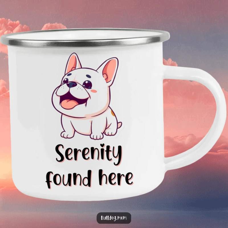 Funny Content Bulldog Camping Mug: A happy bulldog looks upwards with a contented sigh, perfect for peaceful outdoor moments.