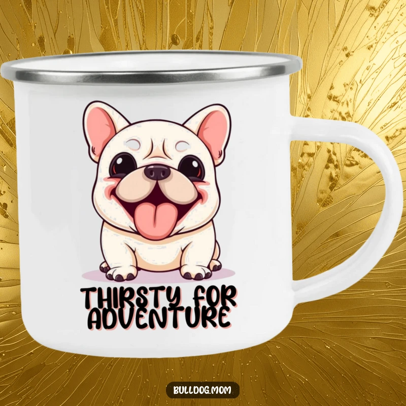 Funny Kawaii Bulldog camping mug showing a dog panting enthusiastically with its tongue lolling out, perfect for outdoor drinks.