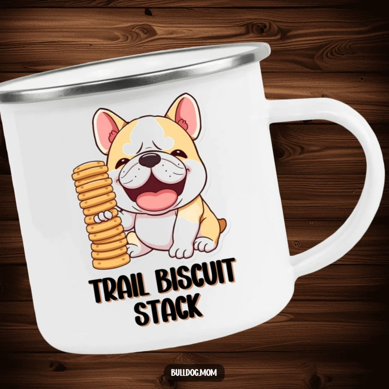Funny Kawaii Bulldog camping mug, enamel finish, depicting a dog laughing while balancing a stack of biscuits, designed for outdoor humor and snack time.
