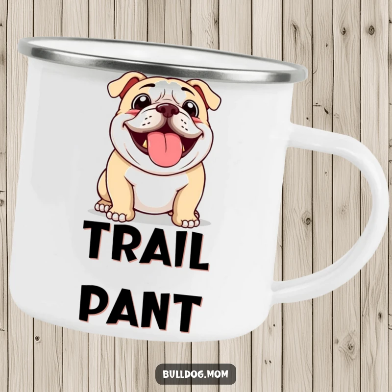 Funny camping mug featuring a bulldog happily panting with its tongue out, perfect for outdoor lovers and humor.