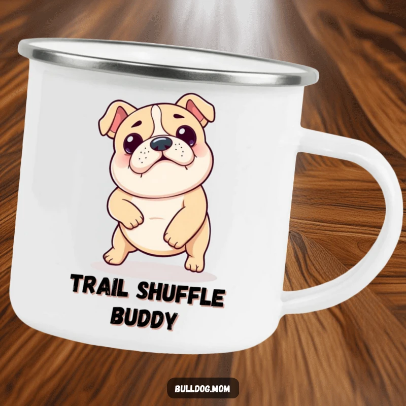 Funny Kawaii Bulldog Shuffle Camping Mug: Cute bulldog doing a funny dance, perfect for outdoor enjoyment and a cheerful start.