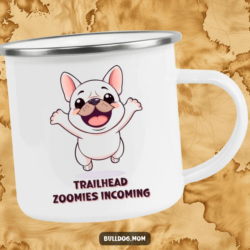 Funny Kawaii Bulldog Camping Mug showing a cute bulldog jumping with enthusiasm, ideal for outdoor adventures.