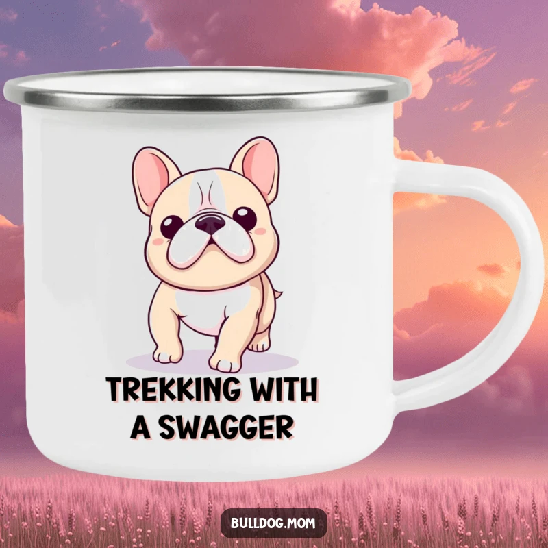 Funny Kawaii Bulldog Camping Mug showing a cute bulldog with a playful wobble, perfect for outdoor enthusiasts.