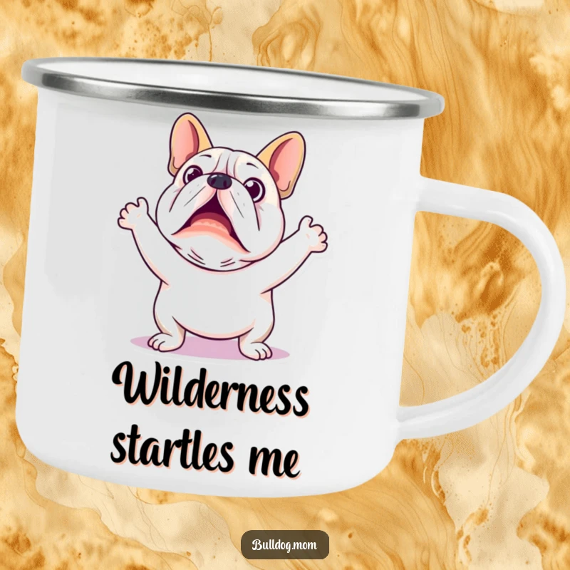 Funny Kawaii Bulldog Camping Mug: A durable mug showing a startled bulldog, perfect for outdoor sipping.