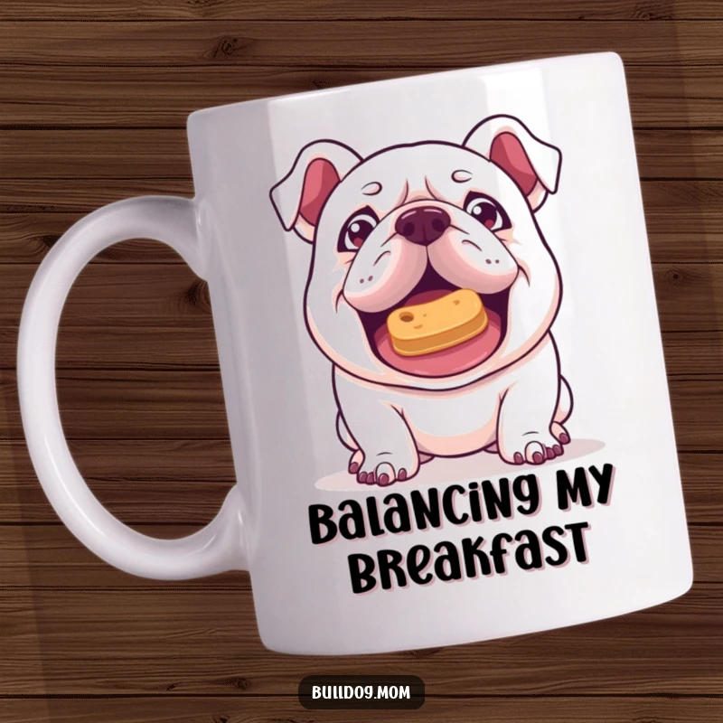 Funny Kawaii Bulldog mug with a mischievous gleam, attempting to balance a treat on its nose, showing clever focus and playful intent.