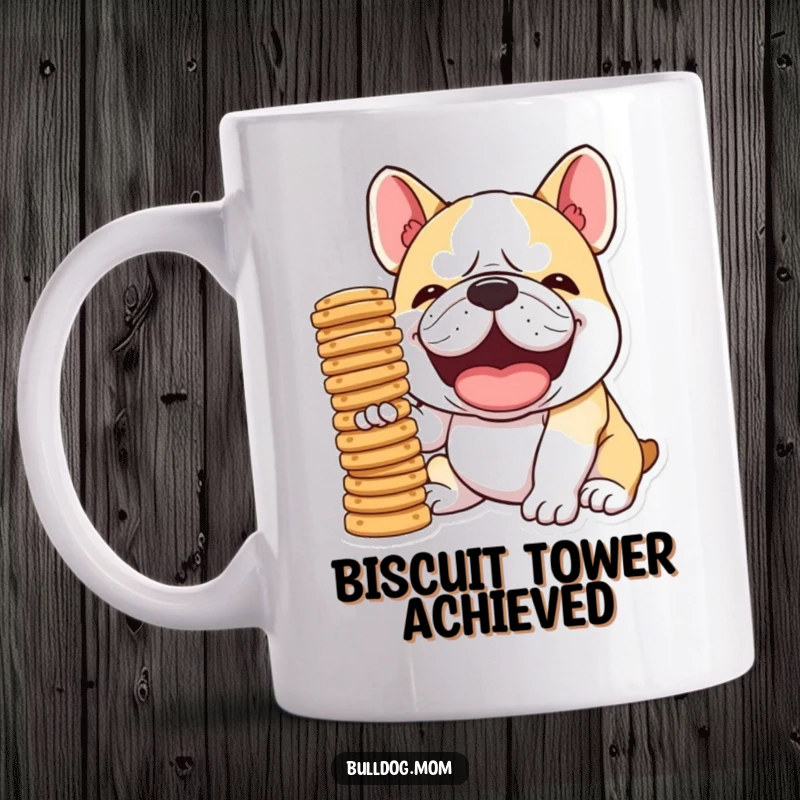 Funny Kawaii Bulldog mug, mid-snort laugh, precariously balancing a tall stack of biscuits on its nose, a comical and delightful scene.