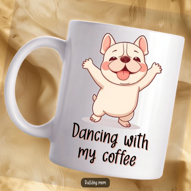 Funny Kawaii Bulldog mug showing a dog doing a clumsy but adorable happy dance, radiating pure joy and celebratory spirit.