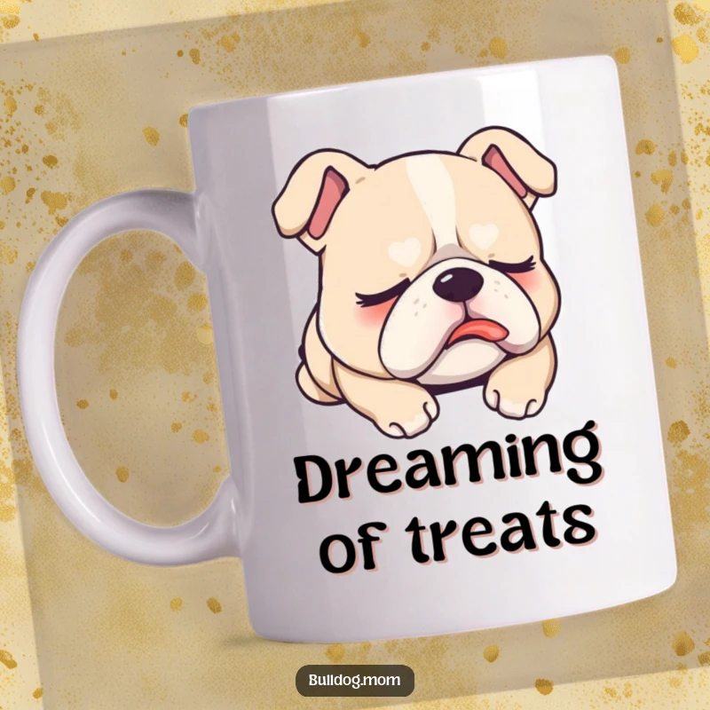 Funny Mug featuring a sleepy Kawaii bulldog with its tiny tongue peeking out, lost in a peaceful, humorous dream.