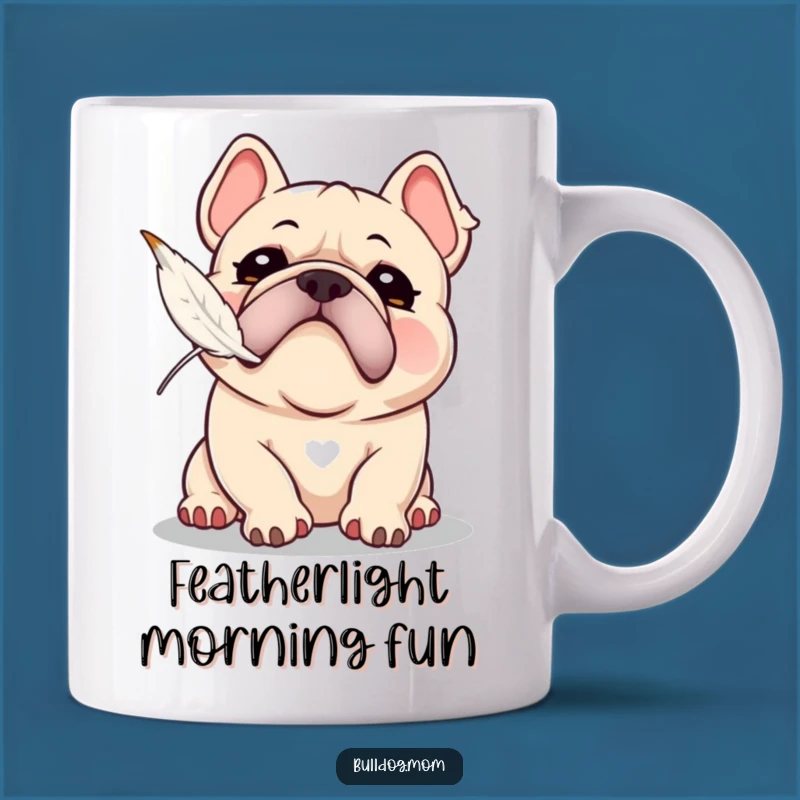 Funny Kawaii Bulldog Snorting Feather Chase Mug - Playful Puppy Gift