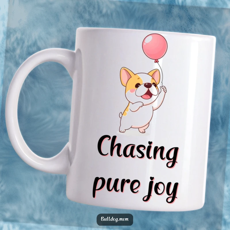 Funny Balloon Bulldog Mug: An excited kawaii bulldog leaps with joy, trying to catch a colorful floating balloon.