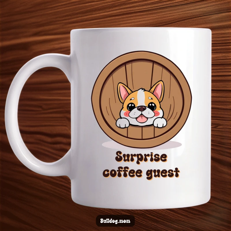 Funny Bulldog mug with a happy dog peeking from behind a large, cheerful barrel. Ideal for a funny gift and a cheerful start.