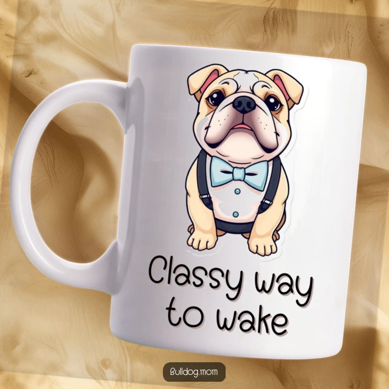 Funny mug featuring a bulldog impeccably dressed in a tiny bow tie and suspenders, looking exceptionally dapper and cute.