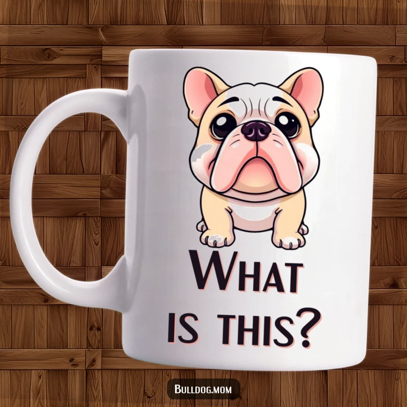 Funny mug featuring a bulldog with an adorable, curious head tilt, intently examining something with intrigue.