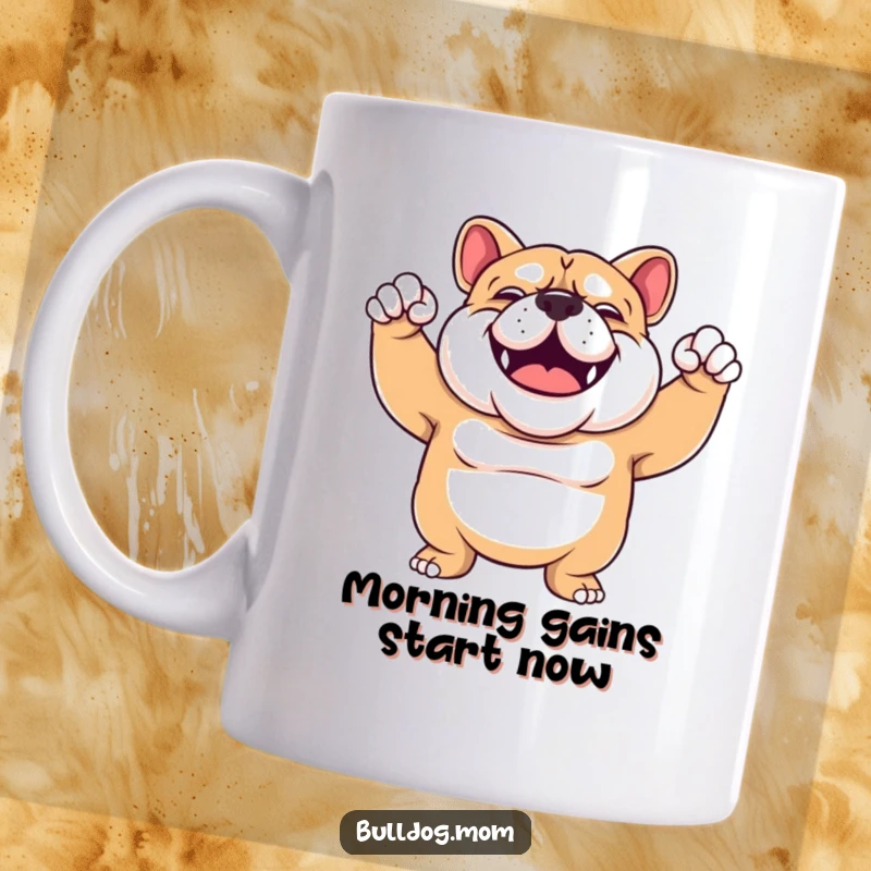 Funny Bulldog mug featuring a sturdy, smiling Bulldog enthusiastically flexing its muscular arms with a confident grin.