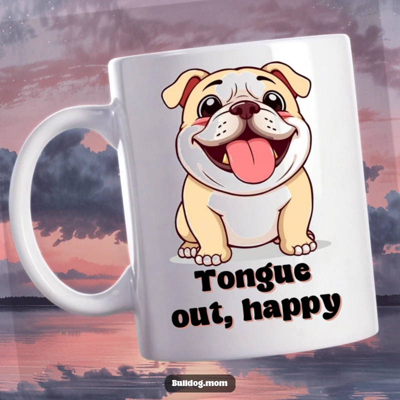 Funny mug featuring a bulldog enthusiastically panting with its tongue lolling out, radiating pure happiness.