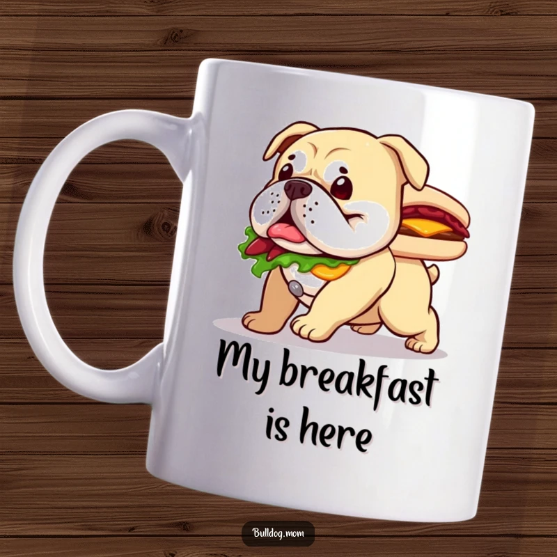 Funny mug featuring a happy bulldog waddling with a comically large sandwich, a delightful and humorous scene.