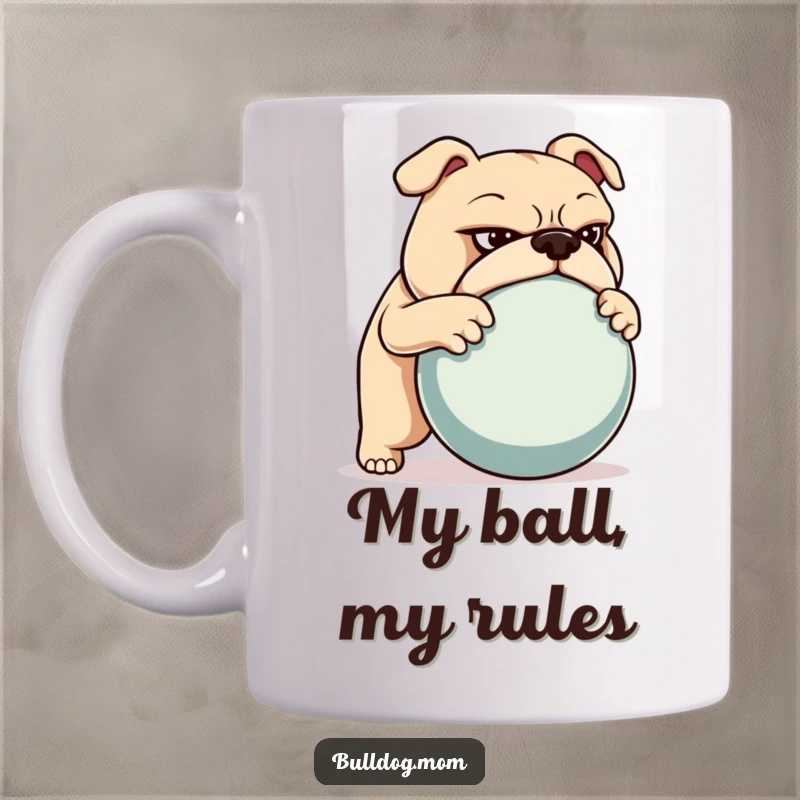 Funny mug depicting a bulldog with a determined expression, intensely pushing a large ball forward with great effort.
