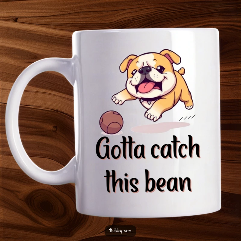 Funny Kawaii Bulldog mug, showing a cute dog waddling with determination, chasing a small rolling ball with happy, focused eyes.