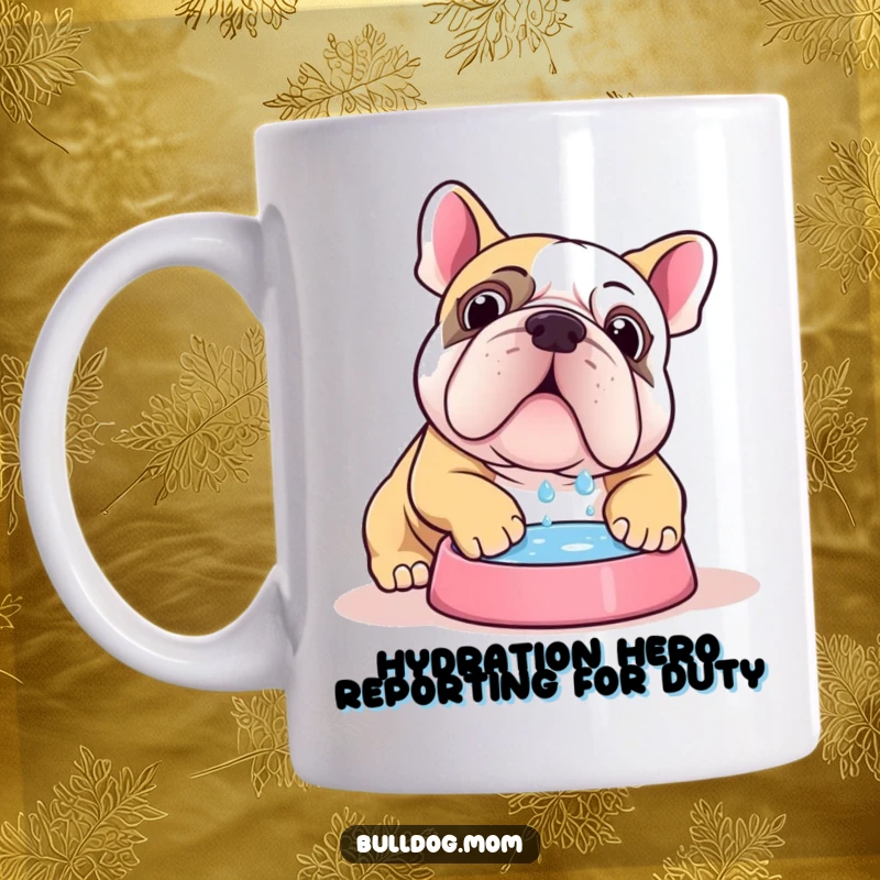 Funny Kawaii bulldog mug showing a cute pup gleefully chugging water from its bowl, conveying extreme thirst and happiness.