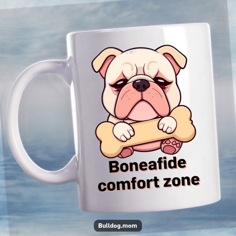 Funny Kawaii Bulldog mug with droopy eyes, blissfully cuddling a plush bone, radiating pure comfort and sleepy joy.