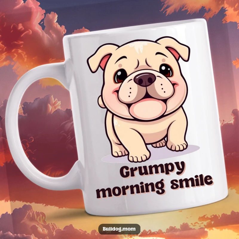 Funny Kawaii Bulldog mug, a happy dog with a jowly grin happily plodding with a wagging tail, full of joy.