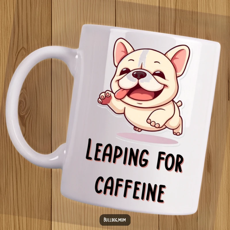 Funny Kawaii Bulldog Mug: A cute bulldog in mid-air performing a clumsy yet incredibly joyful leap.