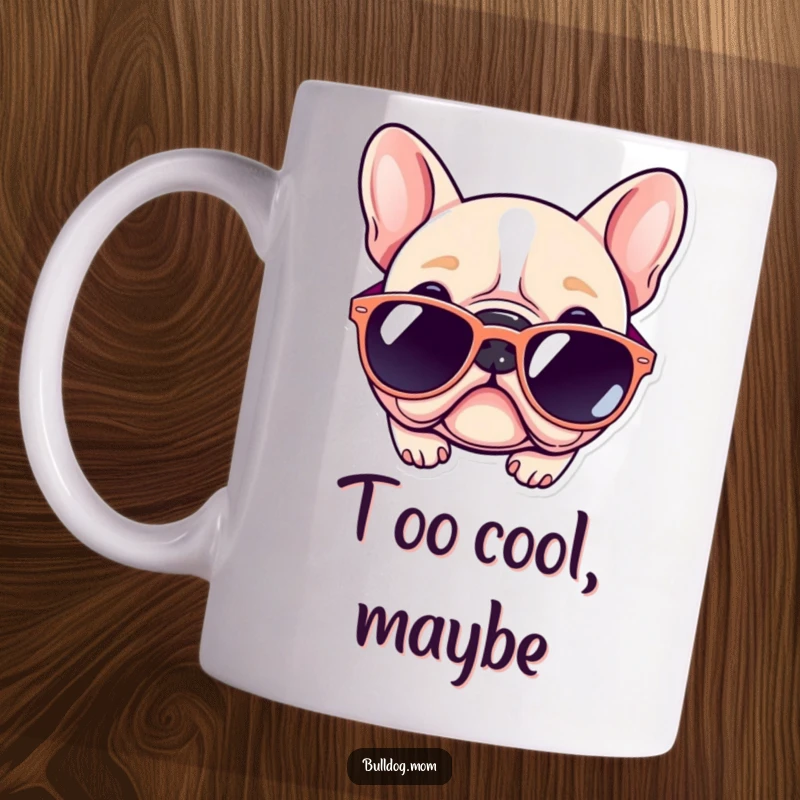 Funny Kawaii Bulldog Mug: Cute dog trying to wear oversized sunglasses, perfect gift for stylish dog lovers.