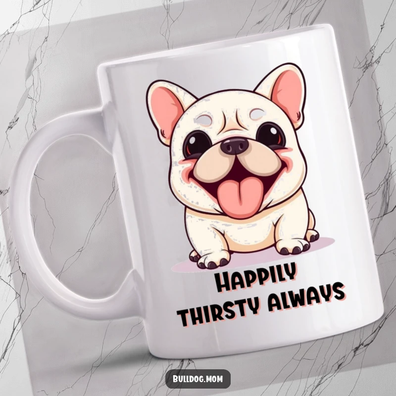 Funny Kawaii Bulldog mug depicting a dog panting enthusiastically with its tongue lolling out, radiating pure joy and energy.