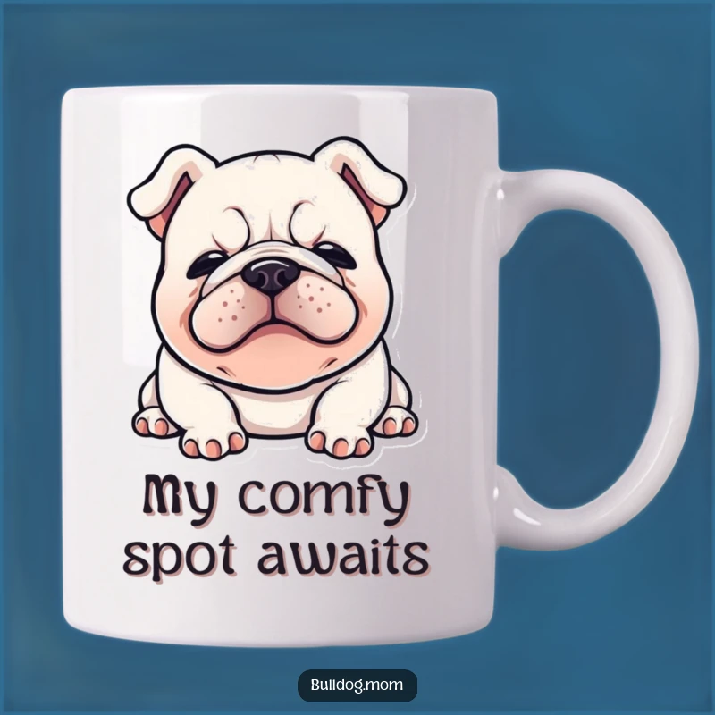 Funny Kawaii Bulldog Mug: Satisfied Sigh Flopped Down, Perfect Comedic Gift