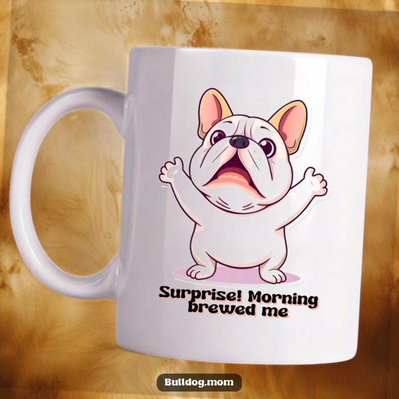 Funny Kawaii Bulldog Mug: A startled, flailing bulldog with wide eyes and raised paws, perfect for a laugh.